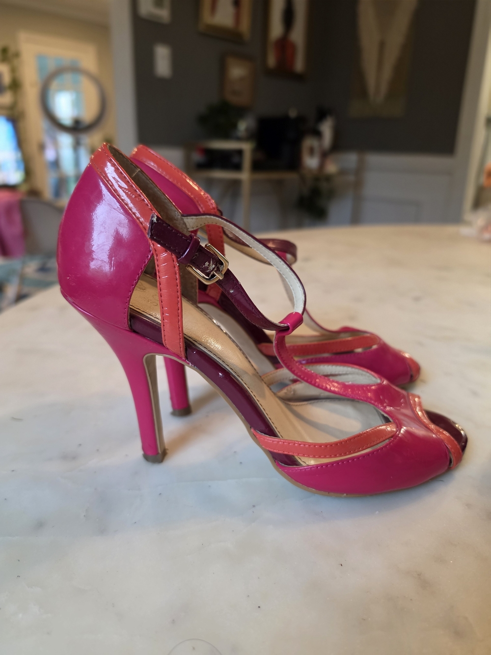 Isola Pink and Coral Patent T Strap High Heels Size 8 Y2k
